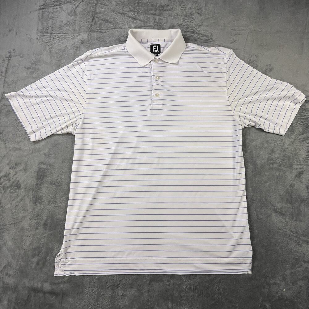 Footjoy Shirt Mens XXL Golf Polo White Perriwinkle Pinstripes Moisture Wicking